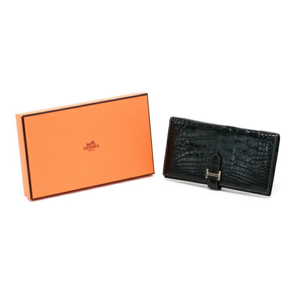 HERMES Bearn Alligator Exotic A Long Wallet Bifold H Crocodile Noir Black